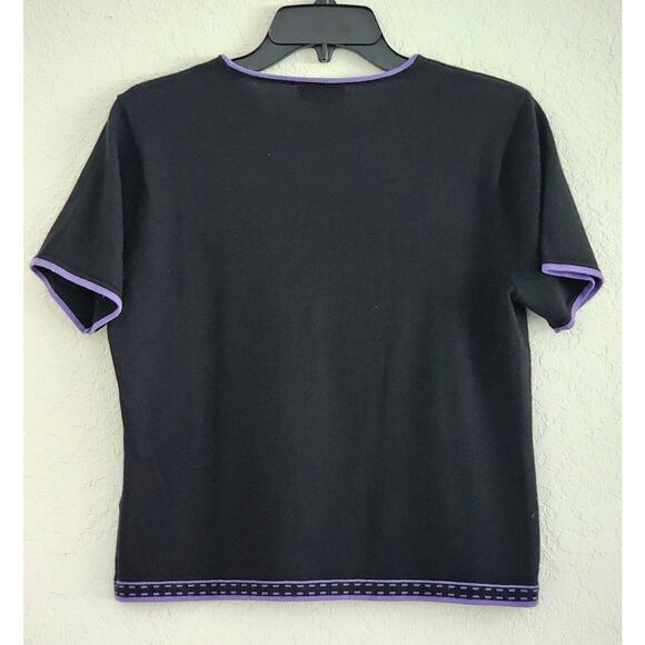 TOP/BLOUSE-TAHARI-Knit-Black-Purple Trim-Short Length-Short Sleeve-Size S/M - Picture 4 of 11
